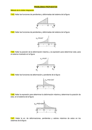 PROBLEMAS PROPUESTOS
Método de la doble integración
7.42. Hallar las funciones de pendientes y deformadas del sistema de la figura
7.43. Hallar las funciones de pendientes y deformadas del sistema de la figura
7.44. Hallar la posición de la deformación máxima, y la expresión para determinar esta, para
el sistema mostrado en la figura
7.45. Hallar las funciones de deformación y pendiente de la figura
7.46. Hallar la expresión para determinar la deformación máxima y determinar la posición de
esta, en el sistema de la figura
7.47. Hallar la ec. de deformaciones, pendientes y valores máximos de estos en los
sistemas de la figura
Ra
Rb
a b
p(x)=H(x/a)2
l
a b
Ra
Rb
p(x)
=H(x/l)n
a b
p(x)=H((l-x)/a)2
l
a
b
p(x)
=H((l-x)/a)2
l
a
b
 