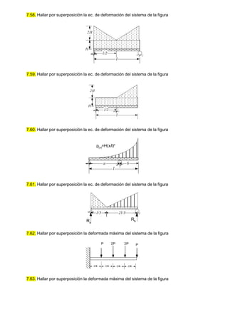 7.58. Hallar por superposición la ec. de deformación del sistema de la figura
7.59. Hallar por superposición la ec. de deformación del sistema de la figura
7.60. Hallar por superposición la ec. de deformación del sistema de la figura
7.61. Hallar por superposición la ec. de deformación del sistema de la figura
7.62. Hallar por superposición la deformada máxima del sistema de la figura
7.63. Hallar por superposición la deformada máxima del sistema de la figura
l
H
l/2
2H
l
H
l/2
2H
p(x)=H(x/l)n
l
a b
Ra
Rb
l/3 2l/3
P 2P P
l/4 l/4 l/4
2P
l/4
 