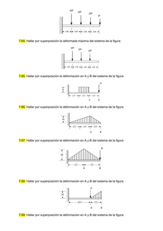7.64. Hallar por superposición la deformada máxima del sistema de la figura
7.65. Hallar por superposición la deformación en A y B del sistema de la figura
7.66. Hallar por superposición la deformación en A y B del sistema de la figura
7.67. Hallar por superposición la deformación en A y B del sistema de la figura
7.68. Hallar por superposición la deformación en A y B del sistema de la figura
7.69. Hallar por superposición la deformación en A y B del sistema de la figura
l/4 l/4 l/4 l/4
P
2P
4P
3P
l/4 l/4 l/4 l/4
2P
4P
3P
H
l/3
A B
l/3
l/3
P
H
l/3
A B
l/3
l/3
P
H
l/2 l/2
A B
H
l/3
A B
2l/3
P
 