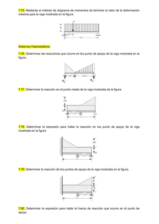 7.75. Mediante el método de diagrama de momentos de terminar el valor de la deformación
máxima para la viga mostrada en la figura.
Sistemas Hiperestáticos
7.76. Determinar las reacciones que ocurre en los punto de apoyo de la viga mostrada en la
figura.
7.77. Determinar la reacción en el punto medio de la viga mostrada de la figura
7.78. Determinar la expresión para hallar la reacción en los punto de apoyo de la viga
mostrada en la figura
7.79. Determinar la reacción de los puntos de apoyo de la viga mostrada en la figura.
7.80. Determinar la expresión para hallar la fuerza de reacción que ocurre en el punto de
apoyo
H
l/4
l/2
P
Ra
Rb
l/3 2l/3
l
H
l/2
2H
l
H
l/2
2H
l
H
l/2
H
H
 