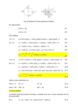 Fig. 8.2 Estado de Tensión general en el Plano
Por trigonometría
l Cos  = dy (8.1
l Sin  = dx (8.2
De la estática
 F1 = 0  l dz+(xySin  - xCos )dydz+(xyCos  - ySin )dxdz = 0 (8.3
Se 1 y 2  + (xySin  - xCos )Cos  + (xyCos  - ySin ) Sin  = 0 (8.4
 + 2xySin  Cos  - xCos2  - ySin2  = 0 (8.5
 + xySin 2 - x (1+Cos 2)/2 - y (1- Cos 2 )/2 = 0 (8.6
)
2
(
)
2
cos(
2
2







 sen
xy
y
x
y
x





(8.7
 F2 = 0  l dz + (xyCos  + xSin )dydz + (-yxSin  - yCos )dxdz = 0 (8.8
De 1 y 4  + (xyCos  + xSin )Cos  + (-xySin  - yCos ) Sin  = 0 (8.9
 + xyCos2  + xSin Cos  -xySin2  - yCos Sin  = 0 (8.10
 + xy (1+Cos2 )/2 + xSin 2/2 -yx(1- Cos 2)/2 - ySin 2/2 = 0 (8.11
)
2
cos(
)
2
(
2





  xy
y
x
sen 



(8.12
Algunos casos especiales son:
Para  = 0 0 = x 0 = xy (8.13
para  = 90 90 = y 90 = - xy (8.14
c) Circulo de Mohr
La relación entre las tensiones normales y cortantes es la de un círculo conocido como el
Círculo de Mohr
De 3  - (x + y)/2 = (x - y)Cos (2 )/2 + xySin 2 (8.15

y
x
y
x
y
x

x
y
x
y
x
y
x
x
y
y
x
y
y
x
y

 