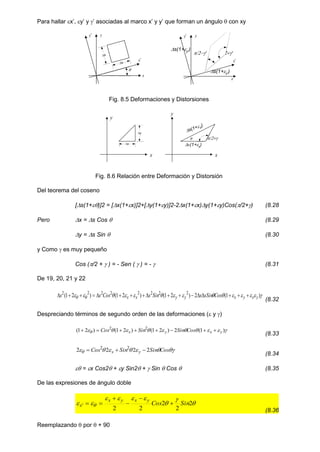 Para hallar x’, y’ y ’ asociadas al marco x’ y y’ que forman un ángulo  con xy
Fig. 8.5 Deformaciones y Distorsiones
Fig. 8.6 Relación entre Deformación y Distorsión
Del teorema del coseno
[s(1+)]2 = [x(1+x)]2+[y(1+y)]2-2x(1+x)y(1+y)Cos(/2+) (8.28
Pero x = s Cos  (8.29
y = s Sin  (8.30
y Como  es muy pequeño
Cos (/2 +  ) = - Sen (  ) = -  (8.31
De 19, 20, 21 y 22














 
 )
1
(
2
)
2
1
(
)
2
1
(
)
2
1
( 2
2
2
2
2
2
2
2
y
x
y
x
y
y
x
x Cos
sSin
s
Sin
s
Cos
s
s 
















(8.32
Despreciando términos de segundo orden de las deformaciones ( y )









 )
1
(
2
)
2
1
(
)
2
1
(
)
2
1
( 2
2
y
x
y
x Cos
Sin
Sin
Cos 







(8.33






 Cos
Sin
Sin
Cos y
x 2
2
2
2 2
2



(8.34
 = x Cos2 + y Sin2 +  Sin  Cos  (8.35
De las expresiones de ángulo doble








  2
2
2
2
2
' Sin
Cos
y
x
y
x
x 





(8.36
Reemplazando  por  + 90
s(1+y'
)
s(1+x')
'
'
x
y
s
s
x'
y'
x
y
x'
y'

x
y
x
y
x
y
x(1+x)

s(1+'
)

 
