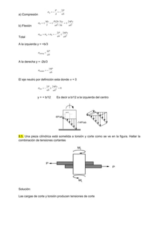 a) Compresión ab
P
A
P
a
2





b) Flexión
2
3
24
36
/
)
3
/
2
(
ab
Py
ab
y
b
P
I
My
b 






Total
2
24
2
ab
Py
ab
P
b
a
tot 



 


A la izquierda y = +b/3
ab
P
totizq
6


A la derecha y = -2b/3
ab
P
totder
14



El eje neutro por definición esta donde  = 0
0
24
2
2




ab
Py
ab
P
tot

y = + b/12 Es decir a b/12 a la izquierda del centro
8.5. Una pieza cilíndrica está sometida a torsión y corte como se ve en la figura. Hallar la
combinación de tensiones cortantes
Mt
P
P
Mt
Solución:
Las cargas de corte y torsión producen tensiones de corte
6P/ab
-14P/ab
b/12
 