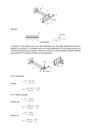 y
x
z
a
b
P
H
Solución:
equivalente
La porción “a” se analiza como una viga empotrada con una carga distribuida en toda su
longitud y la porción “b” se analiza como una viga empotrada con una carga puntual y un
momento de torsión en su extremo. Entonces la porción “a” está sometida a flexión mientras
que la porción “b” a torsión y flexión en dos direcciones
a
b
H
P
Mt=Haa/2
Ha
En “a” solo flexión
Flexión )
64
/
(
)
)(
2
/
(
4
2
d
r
Ha
I
My

 

3
2
4
2
max
16
)
64
/
(
)
2
/
)(
2
/
(
d
Ha
d
d
Ha


 

En “b” flexión y torsión
Flexión vert. )
64
/
(
)
)(
(
4
d
r
Hav
I
My

 

3
4
max
32
)
64
/
(
)
2
/
)(
(
d
Hab
d
d
Hab


 

Flexión hor )
64
/
(
)
)(
(
4
d
r
Pv
I
My

 

3
4
max
32
)
64
/
(
)
2
/
)(
(
d
Pb
d
d
Pb


 

a
H
a/2
P=H*a
 