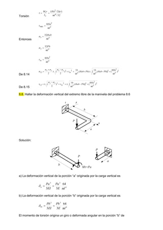 Torsión 32
/
)
)(
2
/
(
4
2
d
r
Ha
I
r
M
o
t

 

3
2
max
8
d
Ha

 
Entonces
3
32
d
Hab
x

 
3
32
d
Pb
y

 
3
2
8
d
Ha
xy

 
De 8.14
2
3
2
2
3
3
2
2
2
,
1 )
8
(
)]
(
16
[
)
(
16
)
2
(
2 d
Ha
Pb
Hab
d
Pb
Hab
d
xy
y
x
y
x








 









De 8.15
2
3
2
2
3
2
2
2
,
1 )
8
(
)]
(
16
[
)
2
(
d
Ha
Pb
Hab
d
xy
y
x





 







8.8. Hallar la deformación vertical del extremo libre de la manivela del problema 8.6
y
x
z
a
b
P
Solución:
a
b
P
P
Mt=Pa
a) La deformación vertical de la porción “a” originada por la carga vertical es
4
3
3
64
3
3 d
E
Pa
EI
Pa
a

 

b) La deformación vertical de la porción “b” originada por la carga vertical es
4
3
3
1
64
3
3 d
E
Pb
EI
Pb
b

 

El momento de torsión origina un giro o deformada angular en la porción “b” de
 