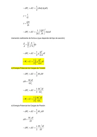 )
)(
(
2
1
dl
bdy
dU
dWi 




G

 
Ib
QS


bdydl
Ib
QS
G
dU
dWi
2
2
1









Llamando coeficiente de forma a (que depende del tipo de sección)
dy
b
I
S
A
ys
yi
 





 2

dl
GA
Q
dU
dWi
2
2
1








l
i dl
GA
Q
U
W
0
2
2
1

e) Energía Potencial de Cargas de Torsión

d
M
dU
dW t
i
2
1



o
t
GI
dl
M
d 

o
t
i
GI
dl
M
dU
dW
2
2
1







l
o
t
i
GI
dl
M
U
W
0
2
2
1
d) Energía Potencial de Cargas de Flexión

d
M
dU
dW f
i
2
1



EI
dl
M
d f


EI
dl
M
dU
dW f
i
2
2
1



 