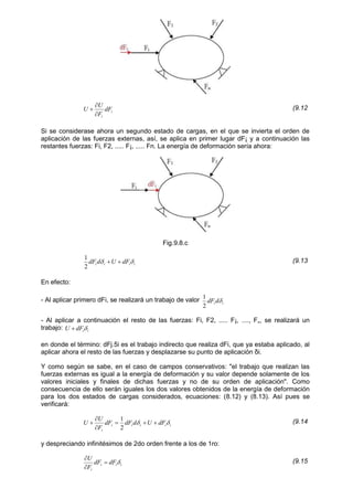 i
i
dF
F
U
U


 (9.12
Si se considerase ahora un segundo estado de cargas, en el que se invierta el orden de
aplicación de las fuerzas externas, así, se aplica en primer lugar dF¡ y a continuación las
restantes fuerzas: Fi, F2, ..... F¡, ..... Fn. La energía de deformación sería ahora:
Fig.9.8.c
i
i
i
i dF
U
d
dF 
 

2
1 (9.13
En efecto:
- Al aplicar primero dFi, se realizará un trabajo de valor i
i d
dF 
2
1
- Al aplicar a continuación el resto de las fuerzas: Fi, F2, ..... F¡, ...., F„, se realizará un
trabajo: i
i
dF
U 

en donde el término: dFj.5i es el trabajo indirecto que realiza dFi, que ya estaba aplicado, al
aplicar ahora el resto de las fuerzas y desplazarse su punto de aplicación δi.
Y como según se sabe, en el caso de campos conservativos: "el trabajo que realizan las
fuerzas externas es igual a la energía de deformación y su valor depende solamente de los
valores iniciales y finales de dichas fuerzas y no de su orden de aplicación". Como
consecuencia de ello serán iguales los dos valores obtenidos de la energía de deformación
para los dos estados de cargas considerados, ecuaciones: (8.12) y (8.13). Así pues se
verificará:
i
i
i
i
i
i
dF
U
d
dF
dF
F
U
U 
 





2
1 (9.14
y despreciando infinitésimos de 2do orden frente a los de 1ro:
i
i
i
i
dF
dF
F
U



 (9.15
 