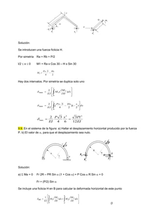 Ra Rb
30

l
Ra
H
Q M1
x
P
Solución:
Se introducen una fuerza ficticia H.
Por simetría Ra = Rb = P/2
l/2  x  0 M1 = Ra x Cos 30 – H x Sin 30
2
4
3
1
Hx
Px
M 

Hay dos intervalos. Por simetría se duplica solo uno











 dx
H
M
M
EI
l
)
(
2
0
1
1
max

dx
x
Hx
Px
EI
l












0
max )
2
](
2
4
3
[
2

EI
Pl
x
P
EI 12
3
6
4
3
2 3
3
max 


9.9. En el sistema de la figura: a) Hallar el desplazamiento horizontal producido por la fuerza
P. b) El valor de , para que el desplazamiento sea nulo.
R
P
A B
C

R
P
A B
C

Rh
Rv
H
Fr
Solución:
a)  Ma = 0 Fr 2R – PR Sin  (1 + Cos ) + P Cos  R Sin  = 0
Fr = (P/2) Sin 
Se incluye una ficticia H en B para calcular la deformada horizontal de este punto















 dx
H
M
M
dx
H
M
M
EI
BH )
(
)
(
1 2
2
0
1
1




(I
 