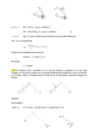 P
B
C
H
Fr

M1
P
B
C
H
Fr

M2
0     M1 = Fr R (1 - Cos ) + HR Sin 
M1 = (P/2) R Sin (1 - Cos ) + HR Sin  (ii
     M2 = (½ Sin+3/2SinCos-CosSin-CosSin)RP+HRSin (iii
De i, ii y iii y simplificando
)
1
3
(
3
)
( 2
3



 Cos
Cos
EI
Sin
PR
BH 


b) Para que el desplazamiento sea nulo
(3 Cos  - 1 + Cos2  ) = 0
De donde:
 = 72.376
9.10. El bastidor A,B,C, articulado en uno de sus extremos y apoyado en el otro está
cargado, en uno de sus tramos con una carga uniformemente distribuida, como se muestra
en la figura. Hallar el desplazamiento horizontal de B (Considerar solamente efectos de
flexión)
 
l
l
B
A
C
Solución:
De la estática :
 Ma = 0 2 Fr L Cos  - (qL2/2) Cos2  - (qL2/2) Sin2  = 0
B
C
H
Fr
M2
x
B
H
Fr
M1
x

l
B
A
C
H
Fr
Rh
Rv
dF
 