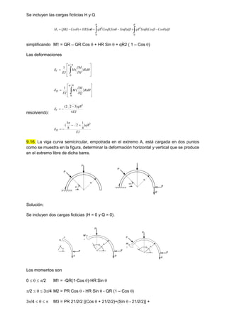 Se incluyen las cargas ficticias H y Q

 


















0
2
0
2
1 )
(
)
(
)
1
( d
Cos
Cos
Sin
qR
d
Sin
Sin
Cos
qR
HRSin
Cos
QR
M
simplificando M1 = QR – QR Cos  + HR Sin  + qR2 ( 1 – Cos )
Las deformaciones











 


Rd
H
M
M
EI
V )
(
1
4
/
0











 


Rd
Q
M
M
EI
H )
(
1
4
/
0
resolviendo: EI
qR
V
4
)
3
2
2
( 3




EI
qR
H
3
)
4
1
2
8
3
( 





9.16. La viga curva semicircular, empotrada en el extremo A, está cargada en dos puntos
como se muestra en la figura, determinar la deformación horizontal y vertical que se produce
en el extremo libre de dicha barra.
A 
R
P
P
A H

R
P
Q
Solución:
Se incluyen dos cargas ficticias (H = 0 y Q = 0).
A H

P
P
Q
M1
 A H

R
P
P
Q

M
2
A H
R
P
P
Q

M
3
Los momentos son
0    /2 M1 = -QR(1-Cos )-HR Sin 
/2    3/4 M2 = PR Cos  - HR Sin  - QR (1 – Cos )
3/4     M3 = PR 21/2/2 [(Cos  + 21/2/2)+(Sin  - 21/2/2)] +
 