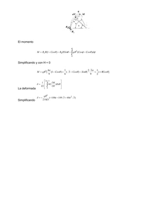 
O

q
d

M
dF
Rh
Rv
El momento
 










0
2
)
(
)
1
( d
Cos
Cos
qR
RSin
R
Cos
R
R
M h
v
Simplificando y con H = 0
]
)
2
1
9
3
2
(
)
3
(
6
1
)
1
(
9
4
[
2







Cos
Sin
Cos
Cos
qR
M 






La deformada











 


Rd
H
M
M
EI
)
(
1
3
/
2
0
Simplificando
)
3
40
3
189
108
(
216
2
4


 




EI
qR
 