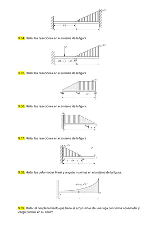 L
q0=P·L
L/2
9.34. Hallar las reacciones en el sistema de la figura.
2L
P
q0=P·l
L/2 L/2
9.35. Hallar las reacciones en el sistema de la figura
b
A B
L/2
C
L
q0
=P·l
9.36. Hallar las reacciones en el sistema de la figura.
A
B
C
a
q0
b
9.37. Hallar las reacciones en el sistema de la figura
3L
P
q0=P·l
L L
A B
C
9.38. Hallar las deformadas lineal y angular máximas en el sistema de la figura.
EI
l
q(x)=qo·x2/L2
A
B
9.39. Hallar el desplazamiento que tiene el apoyo móvil de una viga con forma cosenoidal y
carga puntual en su centro
 