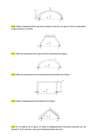 Ra Rb
l
y
x
P
d

9.40. Hallar el desplazamiento que tiene el apoyo móvil de una viga con forma cosenoidal y
carga puntual en su centro
Ra Rb
l
y
x

9.41. Hallar las reacciones de la viga de forma cosenoidal de la figura
Ra Rb
l
y
x
P
9.42. Hallar las reacciones de los empotramientos del pórtico de la figura
l
x
P
l/2
9.43. Hallar el desplazamiento del sistema de la figura
Ra Rb
l
x
45

9.44. En el sistema de la figura: a) Hallar el desplazamiento horizontal producido por las
fuerzas P. b) El valor de, para que el desplazamiento sea nulo.
 