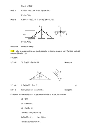 Pcr=  2 EI/l2
Para A 0.732 P = 2 2.1 x 10 6  (1)4/64/2002
P = 34.74 Kg
Para B 0.8965 P = 2 2.1 x 10 6  (1)4/64/141.422
P = 56.74 Kg
De donde Pmax=34.74 Kg
10.6. Hallar la carga máxima que puede soportar el sistema antes de sufrir Pandeo. Material
acero y diámetro 1 cm
Solución :
Fx = 0 Ta Cos 30 = Ta Cos 30 No aporta
Fy = 0 2 Ta Sin 30 + Tb = P (i
M = 0 Las fuerzas son concurrentes No aporta
El sistema es hiperestático por lo que se debe hallar la ec. de deformadas
b = OO´
a = OO´Sin 30
b = a /Sin 30
Tblb/EA=Tala/(EA Sin 30)
la Sin 30 = lb ; la = 200 cm
Tbla Sin 30=Tala/Sin 30
P P
a
b
a 30 30
100 cm Ta T
a
30 T
b
a O
a O
30
O´
30
O`
 
