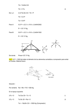 Tb = Ta/Sin2 30
Tb = 4 Ta (ii
De i y ii 2 (4 Tb) Sin 30 + Tb = P
Tb = 0.2 P
Ta = 0.8 P
Para A 0.2 P = 2 2.1 x 10 6  (1)4/64/2002
P = 127.17 Kg
Para B 0.8 P = 2 2.1 x 10 6  (1)4/64/1002
P = 127.17 Kg
De donde Pmax=127.17 Kg
10.7. Si P = 1000 Kg hallar el diámetro de los elementos sometidos a compresión para evitar
el Pandeo. Material acero
Solución :
Por simetría Ra = Rb = P/2 = 500 Kg
En el apoyo izquierdo
Fx = 0 Ta Cos 30 + Tc = 0 (i
Fy = 0 Ta Sin 30 + Ra = 0 (ii
Ta = - Ra/Sin 30 = -1000 Kg (Compresión)
P P
a b a
Ta T
b T
c
100 cm
Ta
30
c Tc
Ra Rb Ra
P
20
30
B
B
A
C
60
 P

TAC
2TBC
Cos 
Vista Lateral
 