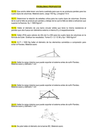 PROBLEMAS PROPUESTOS
10.10. Que ancho debe tener una barra cuadrada para que no se produzca pandeo para los
cuatro tipos de columnas. Material acero, carga 100 Kg. y longitud 10 m
10.11. Determinar la relación de esbeltez critica para los cuatro tipos de columnas. Encima
de la cual la falla se produce por pandeo y debajo de la cual la falla se debe a esfuerzos que
superan la fluencia. Sy = 1800 Kg/cm².
10.12. Hallar el diámetro de una barra circular sólida que tiene la misma resistencia al
pandeo que otra hueca con diámetros externo e interno D y d respectivamente
10.13. Hallar (P/A) para valores de (l/k) de 0 a 250 para los cuatro tipos de columnas en la
fórmula de Euler. Graficar los resultados. Tomar E = 2.1 E 06 y Sy= 1800 Kg/cm²
10.14. Si P = 1000 Kg hallar el diámetro de los elementos sometidos a compresión para
evitar el Pandeo. Material acero
10.15. Hallar la carga máxima que puede soportar el sistema antes de sufrir Pandeo.
Material acero y diámetro 1 cm
10.16. Hallar la carga máxima que puede soportar el sistema antes de sufrir Pandeo.
Material acero y diámetro 1 cm
10.17. Hallar la carga máxima que puede soportar el sistema antes de sufrir Pandeo.
Material acero y diámetro 1 cm
10.18. Se pide hallar el diámetro de la barras BC. Material acero
 