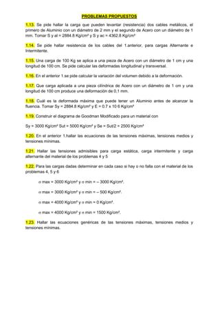 PROBLEMAS PROPUESTOS
1.13. Se pide hallar la carga que pueden levantar (resistencia) dos cables metálicos, el
primero de Aluminio con un diámetro de 2 mm y el segundo de Acero con un diámetro de 1
mm. Tomar S y al = 2884.8 Kg/cm² y S y ac = 4362.8 Kg/cm²
1.14. Se pide hallar resistencia de los cables del 1.anterior, para cargas Alternante e
Intermitente.
1.15. Una carga de 100 Kg se aplica a una pieza de Acero con un diámetro de 1 cm y una
longitud de 100 cm. Se pide calcular las deformadas longitudinal y transversal.
1.16. En el anterior 1.se pide calcular la variación del volumen debido a la deformación.
1.17. Que carga aplicada a una pieza cilíndrica de Acero con un diámetro de 1 cm y una
longitud de 100 cm produce una deformación de 0,1 mm.
1.18. Cuál es la deformada máxima que puede tener un Aluminio antes de alcanzar la
fluencia. Tomar Sy = 2884.8 Kg/cm² y E = 0.7 x 10 6 Kg/cm²
1.19. Construir el diagrama de Goodman Modificado para un material con
Sy = 3000 Kg/cm² Sut = 5000 Kg/cm² y Se = Sut/2 = 2500 Kg/cm²
1.20. En el anterior 1.hallar las ecuaciones de las tensiones máximas, tensiones medios y
tensiones mínimas.
1.21. Hallar las tensiones admisibles para carga estática, carga intermitente y carga
alternante del material de los problemas 4 y 5
1.22. Para las cargas dadas determinar en cada caso si hay o no falla con el material de los
problemas 4, 5 y 6
 max = 3000 Kg/cm² y  min = – 3000 Kg/cm².
 max = 3000 Kg/cm² y  min = – 500 Kg/cm².
 max = 4000 Kg/cm² y  min = 0 Kg/cm².
 max = 4000 Kg/cm² y  min = 1500 Kg/cm².
1.23. Hallar las ecuaciones genéricas de las tensiones máximas, tensiones medios y
tensiones mínimas.
 