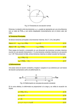 P/2AN

max
max

Fig. 2.4 Tensiones en una sección normal
Entonces, la relación entre las tensiones α y α puede se representa por una circunferencia
con un radio de P/2AN y con centro desplazado horizontalmente con el mismo valor del
radio.
b) Tensiones Principales
Se llaman tensiones principales a las tensiones máximas. De 2.7, 2.8 y del gráfico
Para α = 0 max = N = P/AN  min = 0 (2.14
Para α = 45 45 = P/2AN  max = P/2AN (2.15
Para cargas de tracción y compresión en una dimensión las tensiones normales máximos
ocurren en una sección transversal α = 0 y las tensiones cortantes máximos en una sección
a α = 45º. Para prevenir la falla, ambos tensiones máximas no deben exceder las fluencias.
max = P/AN < Sy (2.16
max = P/2AN < S´y (2.17
c) Deformaciones
Una pieza recta de sección constante y longitud l cargada en sus extremos por una fuerza
de tracción (compresión) sufre una deformación L
Fig. 2.5 Deformación en una pieza de sección constante
En la zona elástica, la deformada es proporcional a la carga y es válida la ecuación de
Hooke
x = P/AN = E x (2.18
y = z = 0 (2.19
x = /L (2.20
y = z = - ν x = - ν x /E (2.21
 