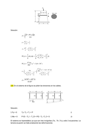 y
h
dy
D/2
D
B
B
SEC. B-B
P
Solución:
 



h
EA
dy
y
W
P
0
)
(








 1
2 h
y
D
d
2
2
1
2
4
4 














h
y
D
d
A


dy
y
h
y
D
dy
y
y
A
y
W  















0
1
2
4
0
)
(
)
(
2



)
3
3
(
48
)
( 2
2
2
2
h
yh
y
h
y
D
y
W 



































h
h
h
y
D
E
dy
h
yh
y
h
y
D
h
y
D
E
Pdy
0
2
2
2
2
2
0
2
1
2
4
)
3
3
(
48
1
2
4




2
2
3
)
D
h(24P
D
E
h





2.9. En el sistema de la figura se piden las tensiones en los cables.
l/2
P
(b) (c)
l l
(a) (b) (c)
l l
a
b
c
Solución:
 Fy = 0 Ta+ Tb + Tc = P (i
 Ma = 0 P l/2 – Tb l – Tc 2l = P/2 - Tb –Tc 2 = 0 (ii
El sistema es hiperestático ya que son tres incógnitas (Ta , Tb ,Tc) y sólo 2 ecuaciones. La
tercera ecuación se halla analizando las deformaciones
 