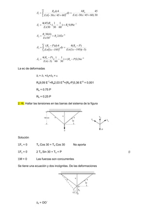  30
45
)
60
45
/
30
(
4
60
45
/
30
4
45
0
2
1





  x
E
R
dy
x
E
dy
R a
a



7
1 09
,
9
)
60
1
30
1
(
30
)
45
(
4 


 e
R
E
R
a
a


8
2
2 02
,
2
30
)
4
(
30 

 e
R
E
R
a
a


  )
3
)(
195
3
(
)
(
4
195
3
4
)
(
85
75
2
3






  x
E
P
R
dy
x
E
dy
P
R a
a



9
3 36
,
3
)
(
)
30
1
60
1
(
)
3
(
)
(
4 





 e
P
R
E
P
R
a
a


La ec de deformadas
t = 1 +2+3 = 
Ra9,09 E-7
+Ra2,03 E-8
+(Ra-P)3,36 E-9
= 0,001
Ra = 0.75 P
Rb = 0.25 P
2.16. Hallar las tensiones en las barras del sistema de la figura
30
a
b
a
100 cm
P
Ta
Tb
P
Ta
Solución
Fx = 0 Ta Cos 30 = Ta Cos 30 No aporta
Fy = 0 2 Ta Sin 30 + Tb = P (i
M = 0 Las fuerzas son concurrentes
Se tiene una ecuación y dos incógnitas. De las deformaciones
30
a
b
a
 a
b
O
O'
b = OO´
 