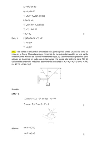 a = OO´Sin 30
b = a /Sin 30
Tb lb/EA = Tala/(EA Sin 30)
la Sin 30 = lb
Tb la Sin 30 = Ta la/Sin 30
Tb = Ta / Sin2 30
4 Tb = Ta (ii
De i y ii 2 (4 Tb) Sin 30 + Tb = P
Ta = 0.2 P
Tb = 0.8 P
2.17. Tres barras se encuentran articuladas en A para soportar juntas, un peso W como se
indica en la figura. El desplazamiento horizontal del punto A esta impedido por una varilla
corta horizontal AO que se supone infinitamente rígida, a) Determinar las expresiones para
calcular las tensiones en cada una de las barras y la fuerza total sobre la barra AO. b)
Utilizando las anteriores relaciones determinar las tensiones sí: A1 = A2 = A3 = 2 cm²  = 30º;
 = 45º; W = 2500 [ Kg].


L
L1
,A1
,E0
L2
,A2
,E0
L3
,A3
,E0
a
W
Solución.
 Mo = 0
0
)
cos
(
)
cos
( 3
2
1 


 Wa
a
T
a
T
a
T 

0
cos
cos 3
2
1 


 W
T
T
T 
 (i


L
L1
,A1
,E0
L2,A2,E0
L3,A3,E0
 





W
Además 2
1 /
cos 

 
2
3 /
cos 

 
(ii
 