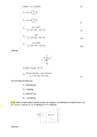 l1 Cos  = l2 = l3 Cos  (iv
2
2
1
2
1 ·
·
cos T
A
A
T 







 
2
2
3
2
3 ·
·
cos T
A
A
T 







 
(v
1
3
3
3
2
1
2
1
cos
cos
cos
A
A
A
W
A
T






(vi
1
3
3
3
2
2
2
cos
cos A
A
A
W
A
T

 


(vii
1
3
3
3
2
3
2
3
cos
cos
cos
A
A
A
W
A
T






(viii
Además


R
T1
T2
T3
x
y
W
0
1
3 

 R
sen
T
sen
T 

1
3
3
3
2
1
2
3
2
cos
cos
)
cos
(cos
A
A
A
A
sen
A
sen
W
R










(ix
Con los datos se halla que:
T1 = 936.062 Kg
T2 = 1248 Kg
T3 = 624.041 Kg
R = - 26.768 Kg
2.18. Hallar la deformación total de la barra de la figura, considerando el material Acero con
D = 10 cm, l = 50 cm, E = 2.1x106 Kg/cm² y P = 2000 Kg
P 2P
D
D/3
l/2 l/2 l/2
D/2
 