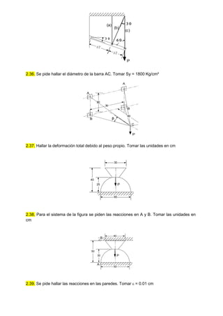 
 
 
P
(a)
(b)
l/2
l/2
(c)
2.36. Se pide hallar el diámetro de la barra AC. Tomar Sy = 1800 Kg/cm²
P
20
30
B
B
C
60

A
A
2.37. Hallar la deformación total debido al peso propio. Tomar las unidades en cm
40
P
60
30
25
2.38. Para el sistema de la figura se piden las reacciones en A y B. Tomar las unidades en
cm
50
P
50
A
30
40
B
2.39. Se pide hallar las reacciones en las paredes. Tomar  = 0.01 cm
 