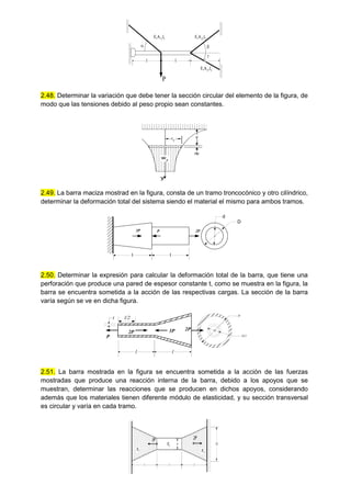 l l l
 

E,A1,l1 E,A2,l2
E,A3,l3
P
2.48. Determinar la variación que debe tener la sección circular del elemento de la figura, de
modo que las tensiones debido al peso propio sean constantes.
ry
y
x
y
dy
wy
2.49. La barra maciza mostrad en la figura, consta de un tramo troncocónico y otro cilíndrico,
determinar la deformación total del sistema siendo el material el mismo para ambos tramos.
3P P 2P
l l
D
d
2.50. Determinar la expresión para calcular la deformación total de la barra, que tiene una
perforación que produce una pared de espesor constante t, como se muestra en la figura, la
barra se encuentra sometida a la acción de las respectivas cargas. La sección de la barra
varía según se ve en dicha figura.
t
D
D/2
l l
l/2
P
2P 3P 2P
2.51. La barra mostrada en la figura se encuentra sometida a la acción de las fuerzas
mostradas que produce una reacción interna de la barra, debido a los apoyos que se
muestran, determinar las reacciones que se producen en dichos apoyos, considerando
además que los materiales tienen diferente módulo de elasticidad, y su sección transversal
es circular y varía en cada tramo.
l
3P 2P
E1
E1
E2
l l
d 2d
 