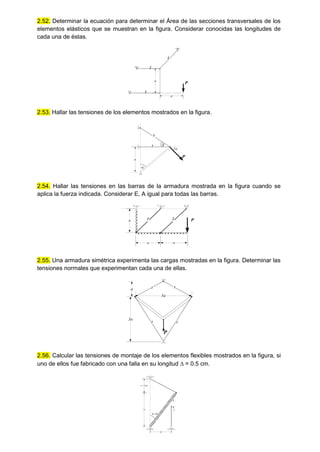 2.52. Determinar la ecuación para determinar el Área de las secciones transversales de los
elementos elásticos que se muestran en la figura. Considerar conocidas las longitudes de
cada una de éstas.
P
2
1
3
a
a
2.53. Hallar las tensiones de los elementos mostrados en la figura.
P
2



a
1
2.54. Hallar las tensiones en las barras de la armadura mostrada en la figura cuando se
aplica la fuerza indicada. Considerar E, A igual para todas las barras.
a
a a
P
1 2
2.55. Una armadura simétrica experimenta las cargas mostradas en la figura. Determinar las
tensiones normales que experimentan cada una de ellas.
3a
3a
a
P
1 1
2
2
2.56. Calcular las tensiones de montaje de los elementos flexibles mostrados en la figura, si
uno de ellos fue fabricado con una falla en su longitud  = 0.5 cm.
a
a=1[m]
2a 

 