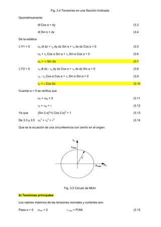 Fig. 3.4 Tensiones en una Sección Inclinada
Geométricamente
dl Cos α = dy (3.3
dl Sin α = dx (3.4
De la estática
 F1 = 0 α dl dz + y dy dz Sin α + x dx dz Cos α = 0 (3.5
α + y Cos α Sin α + x Sin α Cos α = 0 (3.6
α = - Sin 2α (3.7
 F2 = 0 α dl dz - y dy dz Cos α + x dx dz Sin α = 0 (3.8
α - y Cos α Cos α + x Sin α Sin α = 0 (3.9
α =  Cos 2α (3.10
Cuando α = 0 se verifica que
0 = 90 = 0 (3.11
0 = 90 =  (3.12
Ya que (Sin 2 α)2
+( Cos 2 α)2
= 1 (3.13
De 3.3 y 3.5 α
2
+ α
2
= 2
(3.14
Que es la ecuación de una circunferencia con centro en el origen.

max
max


Fig. 3.5 Circulo de Mohr
b) Tensiones principales
Los valores máximos de las tensiones normales y cortantes son:
Paαa α = 0 min = 0  max = P/AN (3.15
 