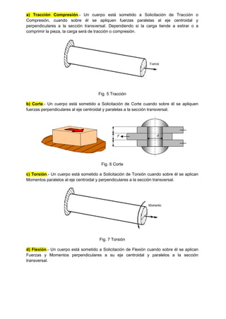 a) Tracción Compresión.- Un cuerpo está sometido a Solicitación de Tracción o
Compresión, cuando sobre él se apliquen fuerzas paralelas al eje centroidal y
perpendiculares a la sección transversal. Dependiendo si la carga tiende a estirar o a
comprimir la pieza, la carga será de tracción o compresión.
Fig. 5 Tracción
b) Corte.- Un cuerpo está sometido a Solicitación de Corte cuando sobre él se apliquen
fuerzas perpendiculares al eje centroidal y paralelas a la sección transversal.
Fig. 6 Corte
c) Torsión.- Un cuerpo está sometido a Solicitación de Torsión cuando sobre él se aplican
Momentos paralelos al eje centroidal y perpendiculares a la sección transversal.
Fig. 7 Torsión
d) Flexión.- Un cuerpo está sometido a Solicitación de Flexión cuando sobre él se aplican
Fuerzas y Momentos perpendiculares a su eje centroidal y paralelos a la sección
transversal.
 