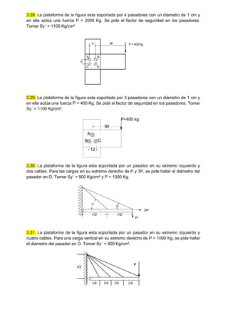 3.28. La plataforma de la figura esta soportada por 4 pasadores con un diámetro de 1 cm y
en ella actúa una fuerza P = 2000 Kg. Se pide el factor de seguridad en los pasadores.
Tomar Sy´ = 1100 Kg/cm²
9 90 P = 400 Kg
A B
C D
6
3.29. La plataforma de la figura esta soportada por 3 pasadores con un diámetro de 1 cm y
en ella actúa una fuerza P = 400 Kg. Se pide el factor de seguridad en los pasadores. Tomar
Sy´ = 1100 Kg/cm².
3.30. La plataforma de la figura esta soportada por un pasador en su extremo izquierdo y
dos cables. Para las cargas en su extremo derecho de P y 3P, se pide hallar el diámetro del
pasador en O. Tomar Sy´ = 900 Kg/cm² y P = 1000 Kg.
l/2 l/2
3P
P


3.31. La plataforma de la figura esta soportada por un pasador en su extremo izquierdo y
cuatro cables. Para una carga vertical en su extremo derecho de P = 1000 Kg, se pide hallar
el diámetro del pasador en O. Tomar Sy´ = 900 Kg/cm².
l/4
P
l/4
l/4
l/4
l/2
P=400 kg
90
12
A
B C
 