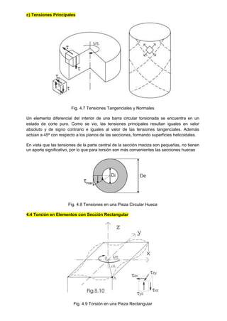 c) Tensiones Principales
Fig. 4.7 Tensiones Tangenciales y Normales
Un elemento diferencial del interior de una barra circular torsionada se encuentra en un
estado de corte puro. Como se vio, las tensiones principales resultan iguales en valor
absoluto y de signo contrario e iguales al valor de las tensiones tangenciales. Además
actúan a 45º con respecto a los planos de las secciones, formando superficies helicoidales.
En vista que las tensiones de la parte central de la sección maciza son pequeñas, no tienen
un aporte significativo, por lo que para torsión son más convenientes las secciones huecas
Fig. 4.8 Tensiones en una Pieza Circular Hueca
4.4 Torsión en Elementos con Sección Rectangular
Fig. 4.9 Torsión en una Pieza Rectangular
 