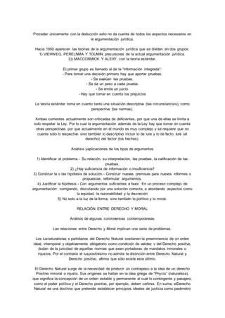 Proceder únicamente con la deducción esto no da cuenta de todos los aspectos necesarios en 
la argumentación jurídica. 
Hacia 1950 aparecen las teorías de la argumentación jurídica que se dividen en dos grupos: 
1) VIEHWEG, PERELNMA Y TOUMIN precursores de la actual argumentación jurídica. 
2)) MACCORMICK Y ALEXY, con la teoría estándar. 
El primer grupo es llamado el de la “información integrada”: 
- Para tomar una decisión primero hay que aportar pruebas. 
- Se evalúan las pruebas. 
- Se da un peso a cada prueba. 
- Se emite un juicio. 
- Hay que tomar en cuenta los prejuicios 
La teoría estándar toma en cuanto tanto una situación descriptiva (las circunstancias), como 
perspectiva (las normas). 
Ambas corrientes actualmente son criticadas de deficientes, por que una de ellas se limita a 
solo respetar la Ley. Por lo cual la argumentación además de la Ley hay que tomar en cuenta 
otras perspectivas por que actualmente en el mundo es muy complejo y se requiere que no 
cuente solo lo respectivo sino también lo descriptivo incluir lo de iure y lo de facto. Iure (el 
derecho) del factor (los hechos). 
Análisis yaplicaciones de los tipos de argumentos 
1) Identificar el problema.- Su relación, su interpretación, las pruebas, la calificación de las 
pruebas. 
2) ¿Hay suficiencia de información o insuficiencia? 
3) Construir la o las hipótesis de solución.- Construir nuevas premisas para nuevos informes o 
propuestas, reformular argumentos. 
4) Justificar la hipótesis.- Con argumentos suficientes a favor. En un proceso complejo de 
argumentación: corrigiendo, discutiendo por una solución correcta, a abordando aspectos como 
la equidad, la razonabilidad y la discreción 
5) No solo a la luz de la forma, sino también lo político y lo moral. 
RELACIÓN ENTRE DERECHO Y MORAL 
Análisis de algunas controversias contemporáneas 
Las relaciones entre Derecho y Moral implican una serie de problemas. 
Los iusnaturalistas o partidarios del Derecho Natural sostienen la preeminencia de un orden 
ideal, intemporal y objetivamente obligatorio como condición de validez v del Derecho positivo, 
dudan de la juricidad de aquellas normas que sean portadoras de mandatos inmorales o 
injustos. Por el contrario el iuspositivismo no admite la distinción entre Derecho Natural y 
Derecho positivo, afirma que sólo existe este último. 
El Derecho Natural surge de la necesidad de producir un contrapeso a la idea de un derecho 
Positivo inmoral o injusto. Sus orígenes se hallan en la idea griega de “Phycis” (naturaleza), 
que significa la concepción de un orden estable y permanente al cual lo contingente y pasajero, 
como el poder político y el Derecho positivo, por ejemplo, deben ceñirse. En suma, elDerecho 
Natural es una doctrina que pretende establecer principios ideales de justicia como parámetro 
 