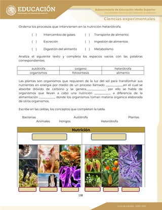 138
Ordena los procesos que intervienen en la nutrición heterótrofa.
( ) Intercambio de gases ( ) Transporte de alimento
( ) Excreción ( ) Ingestión de alimentos
( ) Digestión del alimento ( ) Metabolismo
Analiza el siguiente texto y completa los espacios vacíos con las palabras
correspondientes:
autótrofa oxígeno heterótrofa
organismos fotosíntesis alimento
Las plantas son organismos que requieren de la luz del sol para transformar sus
nutrientes en energía por medio de un proceso llamado ____________en el cual se
absorbe dióxido de carbono y se genera_____________, por ello se habla de
organismos que llevan a cabo una nutrición ___________ a diferencia de la
alimentación ___________ donde los organismos toman materia orgánica elaborada
de otros organismos.
Escribe en las celdas, los conceptos que completen la tabla.
Bacterias Autótrofa Plantas
Animales Hongos Heterótrofa
Nutrición
 
