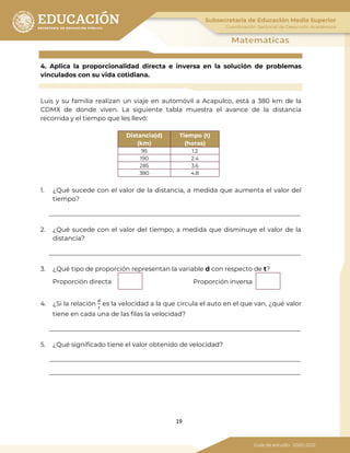 19
4. Aplica la proporcionalidad directa e inversa en la solución de problemas
vinculados con su vida cotidiana.
Luis y su familia realizan un viaje en automóvil a Acapulco, está a 380 km de la
CDMX de donde viven. La siguiente tabla muestra el avance de la distancia
recorrida y el tiempo que les llevó:
Distancia(d)
(km)
Tiempo (t)
(horas)
95 1.2
190 2.4
285 3.6
380 4.8
1. ¿Qué sucede con el valor de la distancia, a medida que aumenta el valor del
tiempo?
2. ¿Qué sucede con el valor del tiempo, a medida que disminuye el valor de la
distancia?
3. ¿Qué tipo de proporción representan la variable d con respecto de t?
Proporción directa Proporción inversa
4. ¿Si la relación
𝑑
𝑡
es la velocidad a la que circula el auto en el que van, ¿qué valor
tiene en cada una de las filas la velocidad?
5. ¿Qué significado tiene el valor obtenido de velocidad?
 