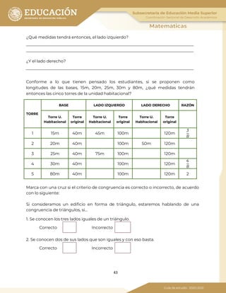 43
¿Qué medidas tendrá entonces, el lado izquierdo?
¿Y el lado derecho?
Conforme a lo que tienen pensado los estudiantes, si se proponen como
longitudes de las bases, 15m, 20m, 25m, 30m y 80m, ¿qué medidas tendrán
entonces las cinco torres de la unidad habitacional?
TORRE
BASE LADO IZQUIERDO LADO DERECHO RAZÓN
Torre U.
Habitacional
Torre
original
Torre U.
Habitacional
Torre
original
Torre U.
Habitacional
Torre
original
1 15m 40m 45m 100m 120m
3
8
2 20m 40m 100m 50m 120m
3 25m 40m 75m 100m 120m
4 30m 40m 100m 120m
6
8
5 80m 40m 100m 120m 2
Marca con una cruz si el criterio de congruencia es correcto o incorrecto, de acuerdo
con lo siguiente:
Si consideramos un edificio en forma de triángulo, estaremos hablando de una
congruencia de triángulos, si…
1. Se conocen los tres lados iguales de un triángulo.
Correcto Incorrecto
2. Se conocen dos de sus lados que son iguales y con eso basta.
Correcto Incorrecto
 