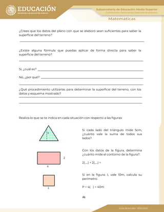 46
¿Crees que los datos del plano con que se elaboró sean suficientes para saber la
superficie del terreno?
¿Existe alguna fórmula que puedas aplicar de forma directa para saber la
superficie del terreno?
Si, ¿cuál es?
No, ¿por qué?
¿Qué procedimiento utilizarías para determinar la superficie del terreno, con los
datos y esquema mostrado?
Realiza lo que se te indica en cada situación con respecto a las figuras:
Si cada lado del triángulo mide 5cm,
¿cuánto vale la suma de todos sus
lados?
Con los datos de la figura, determina
¿cuánto mide el contorno de la figura?:
2(__) + 2(__) =
Si en la figura: L vale 10m, calcula su
perímetro.
P = 4( ) = 40m
𝑏
ℎ
6
𝐿
2
 
