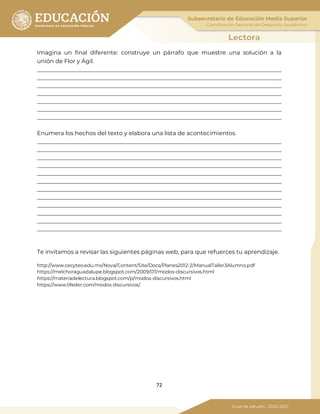 72
Imagina un final diferente: construye un párrafo que muestre una solución a la
unión de Flor y Ágil.
_____________________________________________________________________________________
_____________________________________________________________________________________
_____________________________________________________________________________________
_____________________________________________________________________________________
_____________________________________________________________________________________
_____________________________________________________________________________________
_____________________________________________________________________________________
Enumera los hechos del texto y elabora una lista de acontecimientos.
_____________________________________________________________________________________
_____________________________________________________________________________________
_____________________________________________________________________________________
_____________________________________________________________________________________
_____________________________________________________________________________________
_____________________________________________________________________________________
_____________________________________________________________________________________
_____________________________________________________________________________________
_____________________________________________________________________________________
_____________________________________________________________________________________
_____________________________________________________________________________________
_____________________________________________________________________________________
Te invitamos a revisar las siguientes páginas web, para que refuerces tu aprendizaje.
http://www.cecyteo.edu.mx/Nova/Content/Site/Docs/Planes2012-2/ManualTaller3Alumno.pdf
https://melchoraguadalupe.blogspot.com/2009/07/modos-discursivos.html
https://materiadelectura.blogspot.com/p/modos-discursivos.html
https://www.lifeder.com/modos discursivos/
 