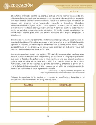 78
El puñal se entibiaba contra su pecho, y debajo latía la libertad agazapada. Un
diálogo anhelante corría por las páginas como un arroyo de serpientes, y se sentía
que todo estaba decidido desde siempre. Hasta esas caricias que enredaban el
cuerpo del amante como queriendo retenerlo y disuadirlo, dibujaban
abominablemente la figura de otro cuerpo que era necesario destruir. Nada había
sido olvidado: coartadas, azares, posibles errores. A partir de esa hora cada instante
tenía su empleo minuciosamente atribuido. El doble repaso despiadado se
interrumpía apenas para que una mano acariciara una mejilla. Empezaba a
anochecer.
Sin mirarse ya, atados rígidamente a la tarea que los esperaba, se separaron en la
puerta de la cabaña. Ella debía seguir por la senda que iba al norte. Desde la senda
opuesta él se volvió un instante para verla correr con el pelo suelto. Corrió a su vez,
parapetándose en los árboles y los setos, hasta distinguir en la bruma malva del
crepúsculo la alameda que llevaba a la casa.
Los perros no debían ladrar, y no ladraron. El mayordomo no estaría a esa hora, y no
estaba. Subió los tres peldaños del porche y entró. Desde la sangre galopando en
sus oídos le llegaban las palabras de la mujer: primero una sala azul, después una
galería, una escalera alfombrada. En lo alto, dos puertas. Nadie en la primera
habitación, nadie en la segunda. La puerta del salón, y entonces el puñal en la
mano, la luz de los ventanales, el alto respaldo de un sillón de terciopelo verde, la
cabeza del hombre en el sillón leyendo una novela.
CORTÁZAR, J. (2018). Soy Literauta. Recuperado de
https://soyliterauta.com/continuidad-de-los-parques-cortazar/
Subraya las palabras de las cuales no conozcas su significado y búscalas en el
diccionario. Anota al menos 5 en el siguiente cuadro.
PALABRA SIGNIFICADO
 