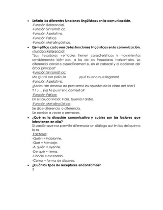  Señala las diferentes funciones lingüísticas en la comunicación. 
-Función Referencial. 
-Función Sintomát ica. 
-Función Apelat iva. 
-Función Fát ica. 
-Función Metalingüíst ica. 
 Ejemplifica cada una de las funciones lingüísticas en la comunicación. 
-Función Referencial: 
“Las fresadoras vert icales t ienen caract eríst icas y movimient os 
sensiblemente idént icos, a los de las fresadoras horizontales. La 
diferencia consiste específicamente, en el cabezal y el accionar del 
árbol principal” 
-Función Sintomát ica: 
Me gustó esa película ¡qué bueno que llegaron! 
-Función Apelat iva: 
¿Serías tan amable de prestarme los apuntes de la clase anterior? 
Y t ú… ¿ya t e pusist e la camiset a? 
-Función Fát ica: 
En el saludo inicial: Hola, buenas tardes. 
-Función Metalingüíst ica: 
Se dice diferencia o diferencia. 
Se escribe a veces o emveces. 
 ¿Qué es la situación comunicativa y cuáles son los factores que 
intervienen en ella? 
Situación que nos permite diferenciar un diálogo auténtico del que no 
lo es 
Factores: 
-Quién = hablante. 
-Qué = Mensaje. 
-A quién = oyente. 
-De qué = tema. 
-Dónde = escenario. 
-Cómo = forma de discurso. 
 ¿Cuántos tipos de receptores encontramos? 
3 
 