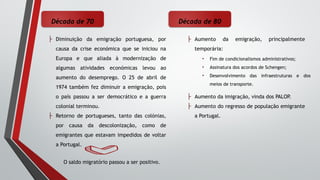 Década de 70
├ Diminuição da emigração portuguesa, por
causa da crise económica que se iniciou na
Europa e que aliada à modernização de
algumas atividades económicas levou ao
aumento do desemprego. O 25 de abril de
1974 também fez diminuir a emigração, pois
o país passou a ser democrático e a guerra
colonial terminou.
├ Retorno de portugueses, tanto das colónias,
por causa da descolonização, como de
emigrantes que estavam impedidos de voltar
a Portugal.
O saldo migratório passou a ser positivo.
Década de 80
├ Aumento da emigração, principalmente
temporária:
├ Aumento da imigração, vinda dos PALOP.
├ Aumento do regresso de população emigrante
a Portugal.
• Fim de condicionalismos administrativos;
• Assinatura dos acordos de Schengen;
• Desenvolvimento das infraestruturas e dos
meios de transporte.
 