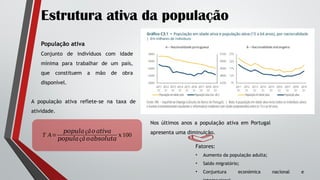 Estrutura ativa da população
População ativa
Conjunto de indivíduos com idade
mínima para trabalhar de um país,
que constituem a mão de obra
disponível.
Nos últimos anos a população ativa em Portugal
apresenta uma diminuição.
Fatores:
• Aumento da população adulta;
• Saldo migratório;
• Conjuntura económica nacional e
A população ativa reflete-se na taxa de
atividade.
T A=
𝑝𝑜𝑝𝑢𝑙𝑎çã𝑜 𝑎𝑡𝑖𝑣𝑎
𝑝𝑜𝑝𝑢𝑙𝑎çã 𝑜𝑎𝑏𝑠𝑜𝑙𝑢𝑡𝑎
𝑥100
 