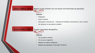 Entre 1960 e 1970 Regista-se pela primeira vez num século uma diminuição da população.
Fatores:
o Emigração
o Guerra colonial
o Alterações socioculturais – utilização de métodos contracetivos, maior número
de mulheres no mercado de trabalho
Entre 1970 e 1981 Grande crescimento demográfico.
Fatores:
o Fim da guerra colonial
o Fim do surto migratório
o Regresso de alguns emigrantes
o Regresso da população “retornada” de África
 