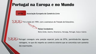 Portugal na Europa e no Mundo
Associação Europeia do Comércio Livre
EFTA
Foi criada em 1959, com a assinatura do Tratado de Estocolmo.
Países fundadores
Reino Unido, Áustria, Dinamarca, Noruega, Portugal, Suíça e Suécia
Portugal conseguiu uma posição especial junto da EFTA, permitindo-lhe algumas
vantagens, no que diz respeito ao comércio externo que se concretiza num aumento
das exportações.
 