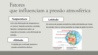 Fatores
que influenciam a pressão atmosférica
Temperatura
Com uma diminuição da temperatura o
ar contrai, fazendo aumentar a pressão.
Quando a temperatura sobe o ar
expande-se levando a uma diminuição de
pressão.
Altitude
À medida que a altitude aumenta a
pressão atmosférica diminui.
Latitude
Os centros de pressão atmosférica estão distribuídos por faixas
de pressão mais ou menos paralelas ao longo do globo terrestre.
 