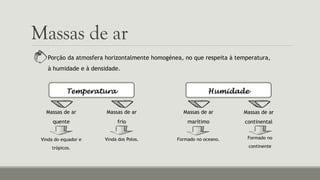 Massas de ar
Porção da atmosfera horizontalmente homogénea, no que respeita à temperatura,
à humidade e à densidade.
Temperatura Humidade
Massas de ar
quente
Massas de ar
frio
Vinda do equador e
trópicos.
Vinda dos Polos.
Massas de ar
continental
Massas de ar
marítimo
Formado no oceano. Formado no
continente
 