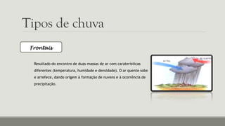 Tipos de chuva
Resultado do encontro de duas massas de ar com caraterísticas
diferentes (temperatura, humidade e densidade). O ar quente sobe
e arrefece, dando origem à formação de nuvens e à ocorrência de
precipitação.
Frontais
 