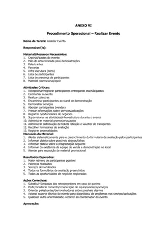 ANEXO VI

                   Procedimento Operacional – Realizar Evento

Nome da Tarefa: Realizar Evento

Responsável(is):

Material/Recursos Necessários:
1. Crachás/pastas do evento
2. Mão-de-obra treinada para demonstrações
3. Palestrantes
4. Parcerias
5. Infra-estrutura (itens)
6. Lista de participantes
7. Lista de presença de participantes
8. Material promocional/apoio

Atividades Críticas:
1. Recepcionar/registrar participantes entregando crachás/pastas
2. Cerimoniar o evento
3. Realizar palestras
4. Encaminhar participantes ao stand de demonstração
5. Demonstrar serviços
6. Abordar participantes (vendas)
7. Prestar informações sobre serviços/aplicações
8. Registrar oportunidades de negócios
9. Supervisionar as atividades/infra-estrutura durante o evento
10. Administrar material promocional/apoio
11. Administrar distribuição de tickets refeição e vaucher de transportes
12. Recolher formulários de avaliação
13. Registrar anormalidades
Manuseio do Material:
1. Alertar sistematicamente para o preenchimento do formulário de avaliação pelos participantes
2. Informar platéia sobre possíveis atrasos/falhas
3. Informar platéia sobre a programação seguinte
4. Informar da existência de equipe de venda e demonstração no local
5. Atentar para reposição de material promocional

Resultados Esperados:
1. Maior número de participantes possível
2. Palestras realizadas
3. Serviços demonstrados
4. Todos os formulários de avaliação preenchidos
5. Todas as oportunidades de negócios registradas

Ações Corretivas:
1. Substituir lâmpadas dos retroprojetores em caso de queima
2. Pedir/monitorar conserto/recuperação de equiopamentos/serviços
3. Orientar palestrantes/demonstradores sobre possíveis desvios
4. Acionar suporte técnico do evento para diagnóstico de problemas nos serviços/aplicações
5. Qualquer outra anormalidade, recorrer ao coordenador do evento

Aprovação:
 