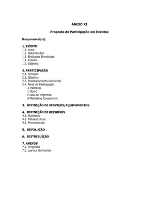 ANEXO XI

                     Proposta de Participação em Eventos

Responsável(is):

1. EVENTO
1.1. Local
1.2. Data/Horário
1.3. Entidades Envolvidas
1.4. Público
1.5. Objetivo

2. PARTICIPAÇÃO
2.1. Serviços
2.2. Objetivo
2.3. Posicionamento Comercial
2.4. Nível de Participação
     a Palestras
     b Stand
    c Sala de Imprensa
    d Marketing Cooperativo

3. DEFINIÇÃO DE SERVIÇOS/EQUIPAMENTOS

4. DEFINIÇÃO DE RECURSOS
4.1. Humanos
4.2. Infraestrutura
4.3. Promocionais

5. DEVOLUÇÃO

6. DISTRIBUIÇÃO

7. ANEXOS
7.1. Programa
7.2. Lay-out do Evento
 